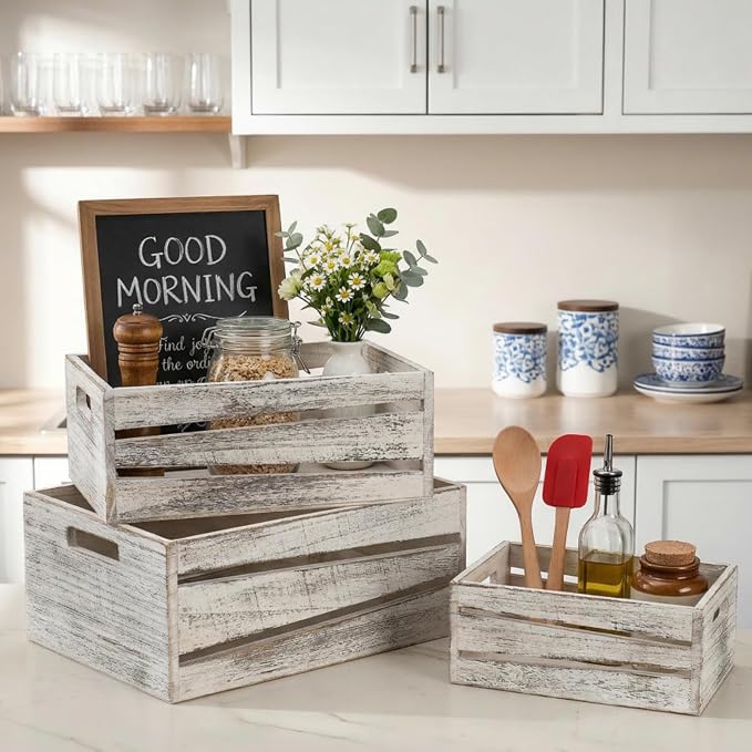 AVLA 3 Pack Wooden Storage Crates, Rustic Nesting Container Bin - Image 8