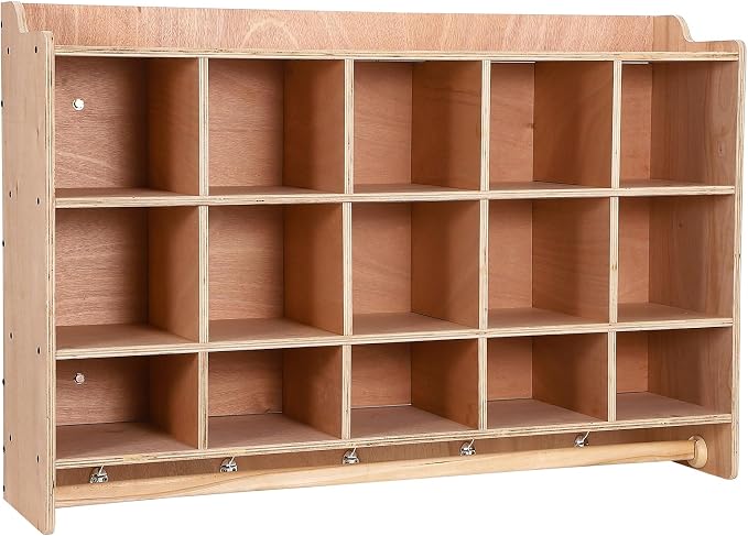 Wall Mounted Cubby Storage Organizer – 15 Cubbies, Shoe Layer, Hooks & Shelf – by Unknown