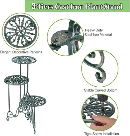 OwnMy 3 Tier Heavy Duty Cast Iron Plant Stand Foldable Wrought Iron Flower Pot - Image 6