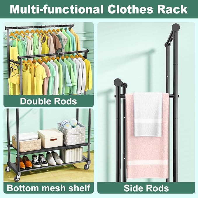 Double Rods Clothes Rack for Hanging Clothes, Heavy Duty Rolling Clothing Rack - Image 5