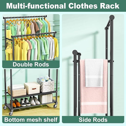 Double Rods Clothes Rack for Hanging Clothes, Heavy Duty Rolling Clothing Rack - Image 5