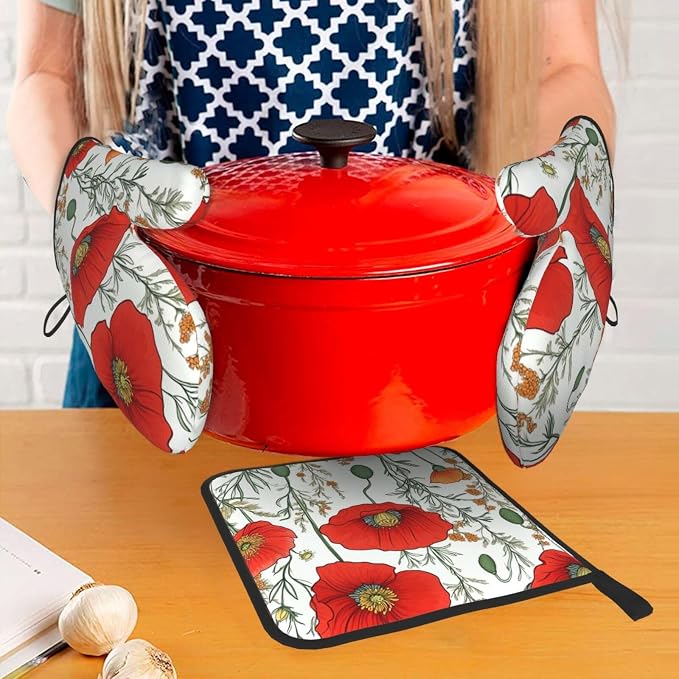 Oven Mitts and Pot Holders Sets of 3 Poppy Flower Pattern Oven Mitts 3 Pcs Heat - Image 6