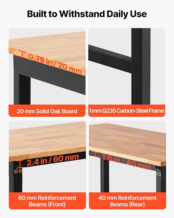 VEVOR Adjustable Workbench, 1500 lbs Capacity, 48 x 24 Inch Oak Wood Top - Image 3