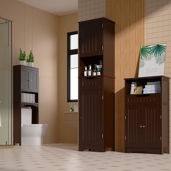 Gizoon 67” H Tall Bathroom Storage Cabinet, Narrow Cabinet, Dark Brown | Towel - Image 9