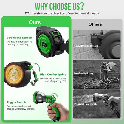 Retractable Garden Hose Reel, 1/2 in x 100 ft Automatic Slow Rewind System & - Image 4