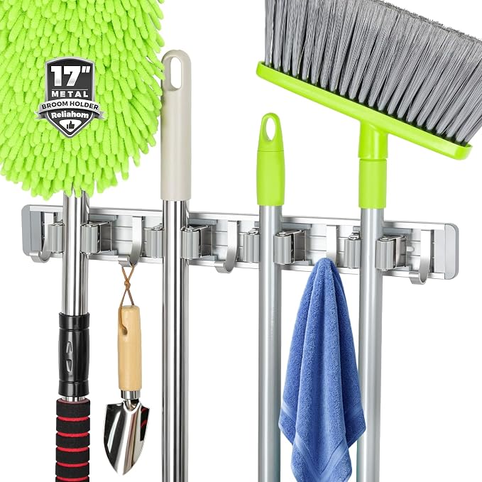 reliahom Broom Holder Wall Mount Mop Hanger Tools organizer 4Racks 5Hooks | by reliahom