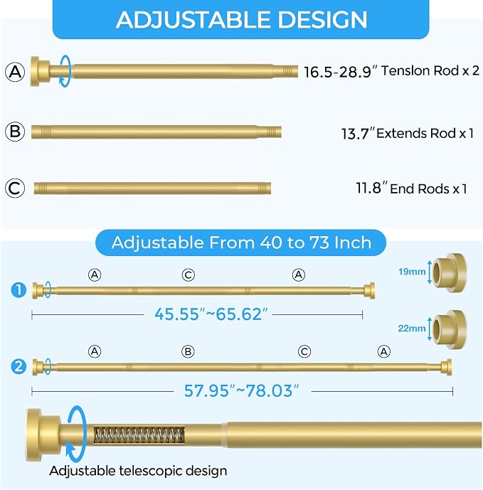 AIZESI Spring Tension Curtain Rod No Drilling 45 to 77 Inch, 7/8" Diameter - Image 2