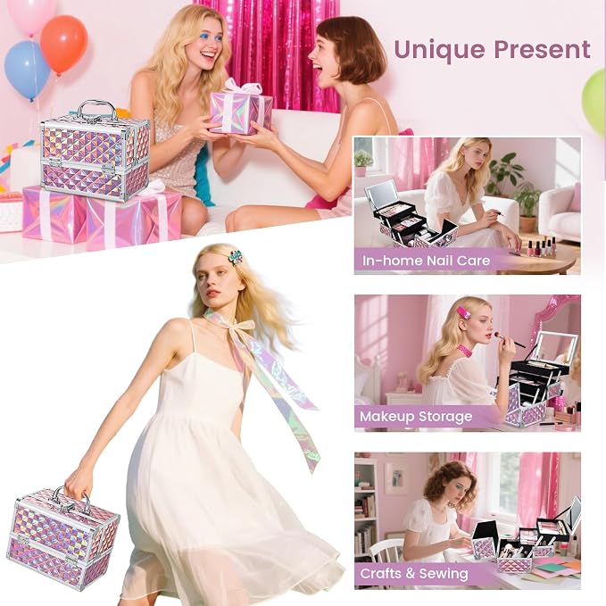 Makeup Case with Lighted Mirror Travel Makeup Organizer Box 2 Trays Lockable - Image 4