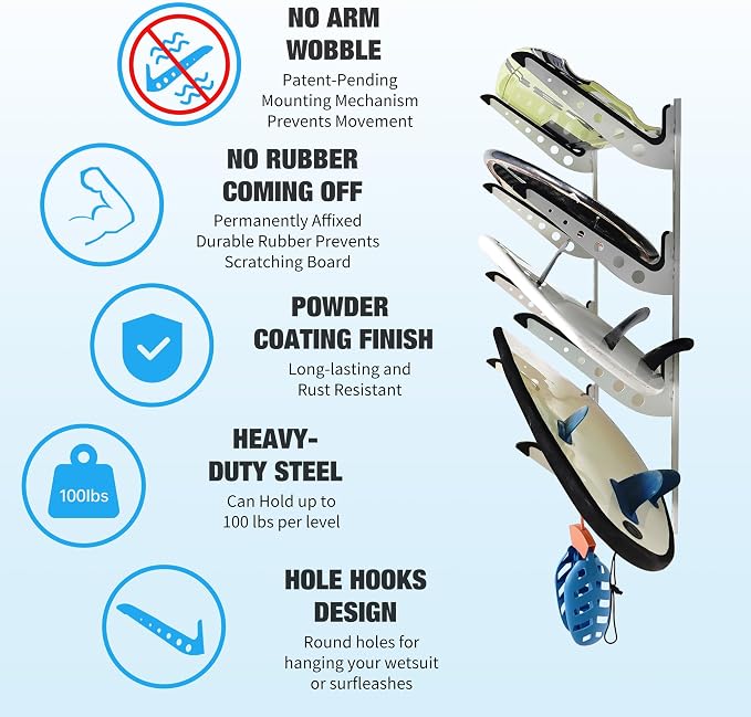 4 Board Surf Rack Wall Mount for Surfboard, Snowboard Storage Adjustable Wall - Image 2