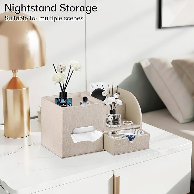 Square Tissue Box Cover with Drawer Storage and Tray on Top, PU Leather Tissues - Image 7