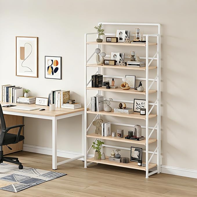 JSB Folding Bookshelf, Industrial Storage Shelves, No Assembly Vintage Wood - Image 6