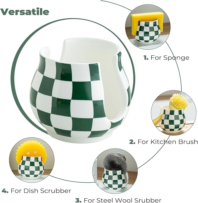 Kitchen Sponge Holder, Ceramic Sponge Organizer Checkered Scrubby Holder Sink - Image 4
