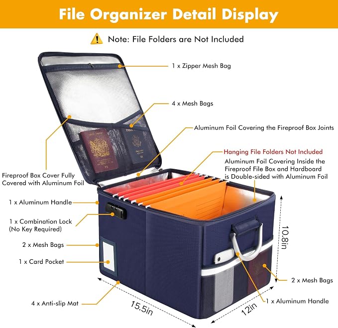 TOMKID 5200°F Fireproof Document Box, Fire Important Document Organizer - Image 3