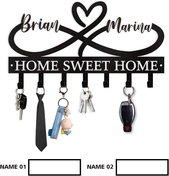 Personalized Couple's Name Key Rack, Wall Mounted Metal Key Holder - Image 8
