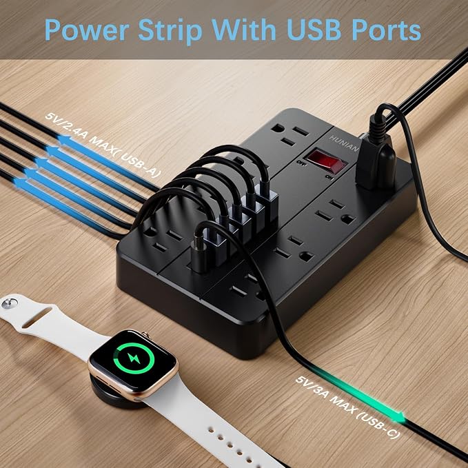 Power Strip Surge Protector, HUNIAN Flat Plug 10 Ft Long Extension Cord - Image 4
