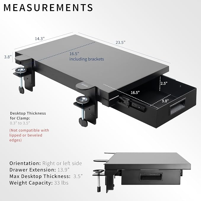 VIVO Black Clamp-on 24 x 14 in Desk Extender, DESK-EXT24D | Premium, Built-in - Image 3