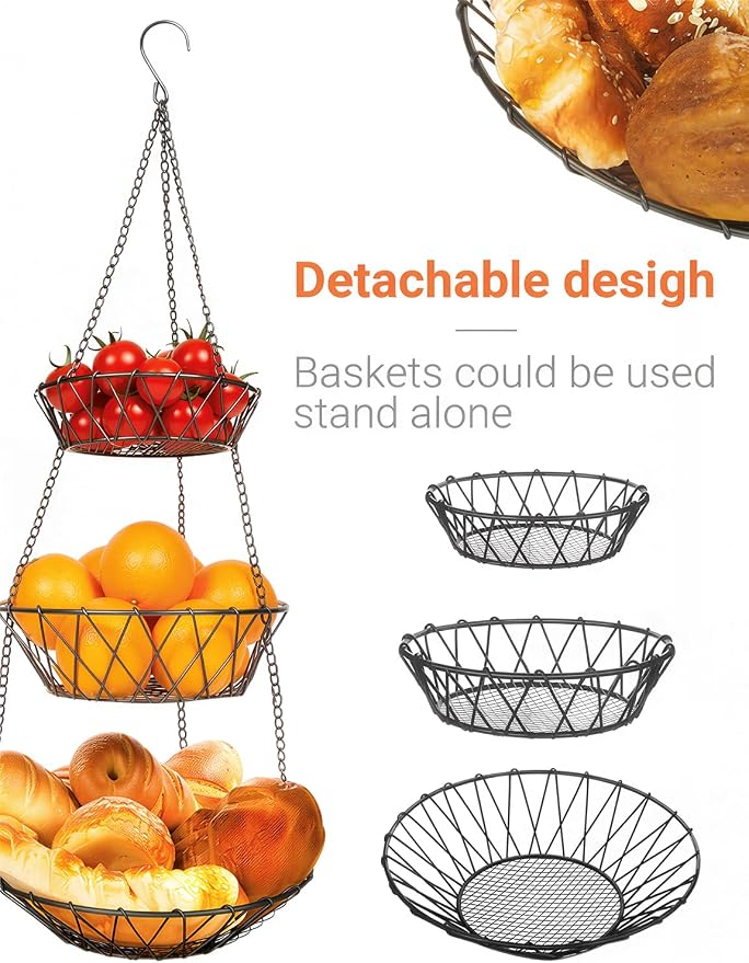 3 Tier Hanging Basket with Sturdy Metal Chain Hanging Hooks | Fruit and - Image 4