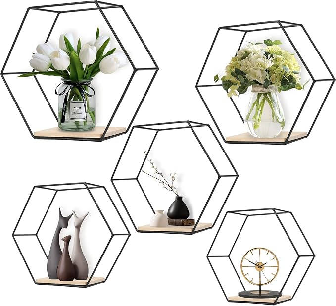 Wall Mounted Hexagonal Floating Shelves Black Set of 5 in Different Sizes - Image 9
