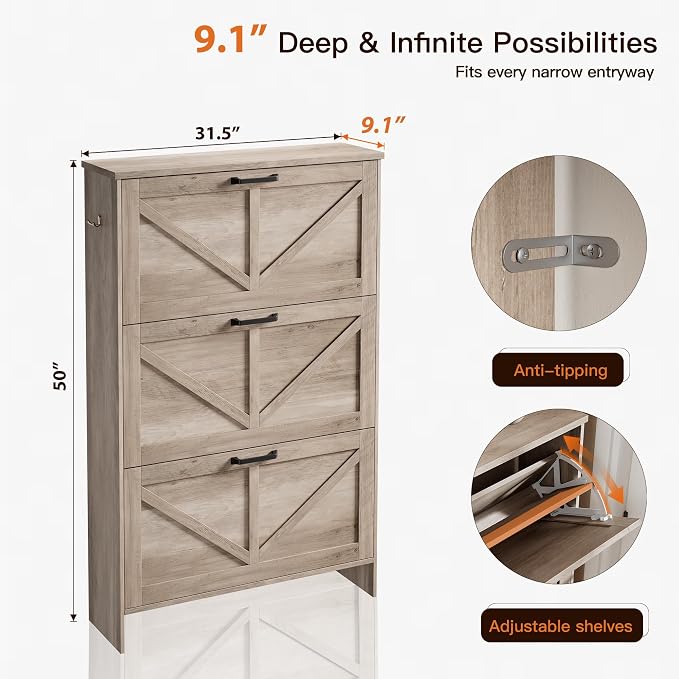 Nicetree Shoe Cabinet for Entryway, 3 Flip Drawers Shoe Storage Cabinet - Image 2