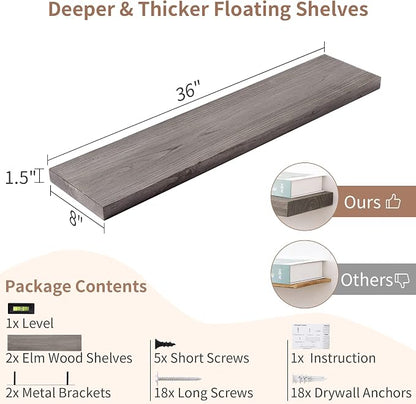 Axeman Floating Shelves for Wall, 8 Inch Deep Rustic Solid Elm Wood Wall - Image 3