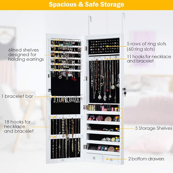 Giantex 15 LEDs Jewelry Armoire, Wall Mounted or Door Hanging, Lockable Jewelry - Image 5