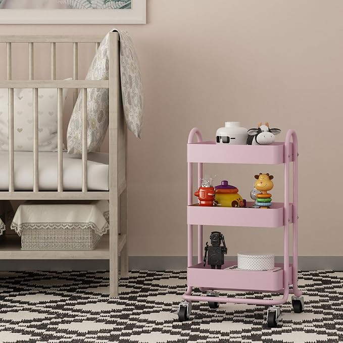 Metal Rolling Cart, 3-Tier Pink Rolling Cart - Image 9