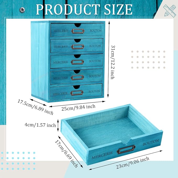 Wesiti 5-drawer Wooden Desk Organizer Blue, Embroidery Floss Thread Organizer - Image 3