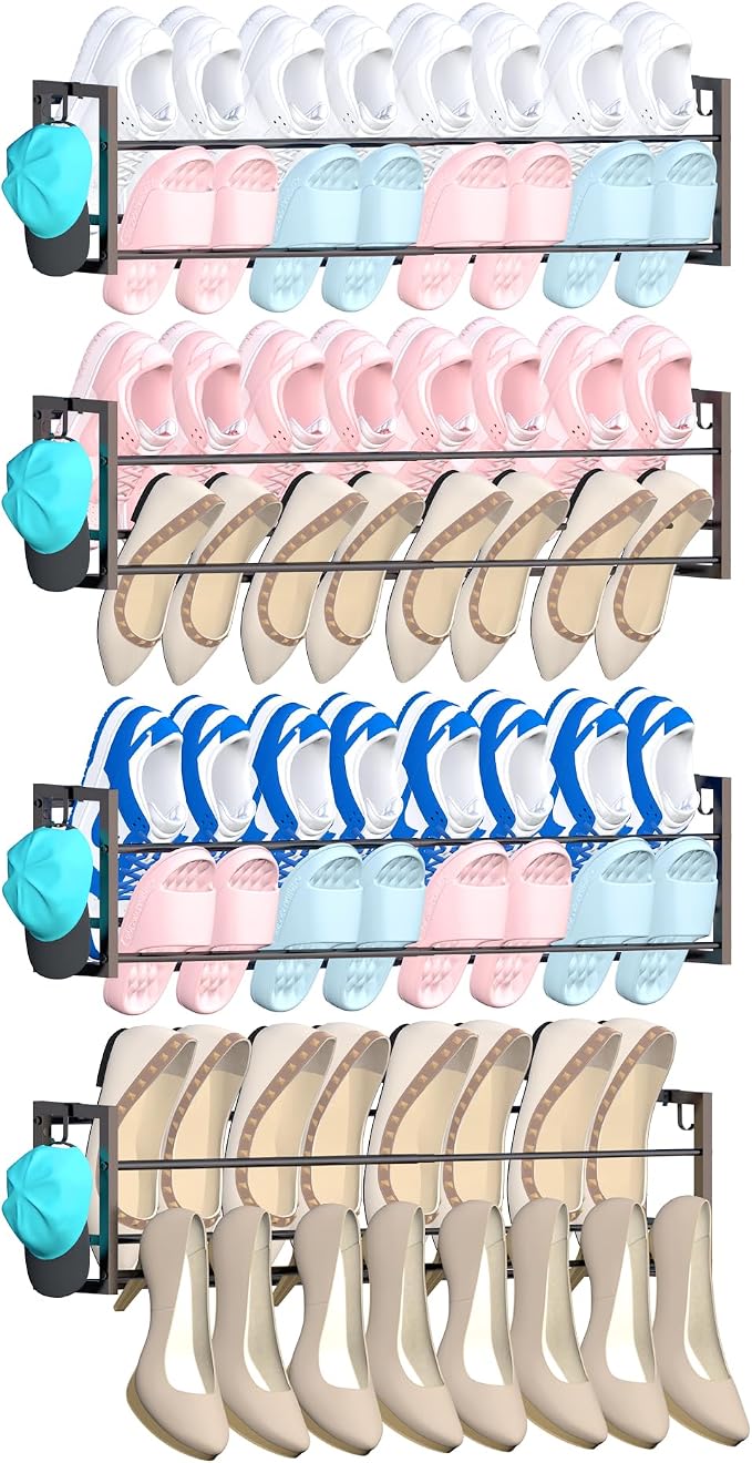 4 Pack Wall Mounted Shoe Rack for Narrow Spaces, Hanging Shoe Rack Holds 32 by HomeOrganizerandStorage