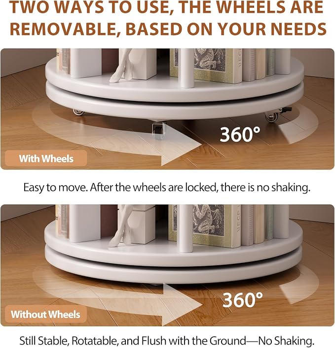 Solid Wood Rotating Bookshelf on Wheels, 6 Tier, Round Revolving Bookcase - Image 5