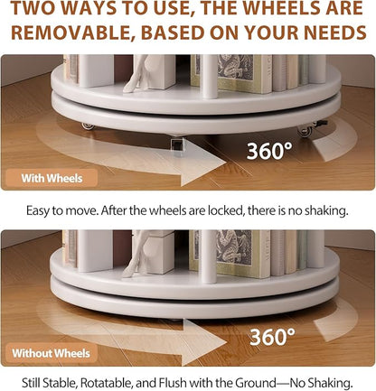 Solid Wood Rotating Bookshelf on Wheels, 4 Tier, Round Revolving Bookcase - Image 5