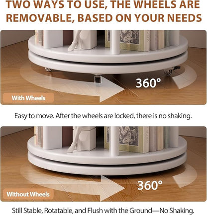 Solid Wood Rotating Bookshelf on Wheels, 5 Tier, Round Revolving Bookcase - Image 5