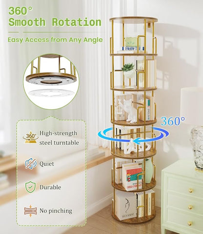 6 Tier Rotating Bookshelf Tower Round, 74” Tall Spinning Bookshelf Tower - Image 3