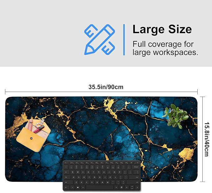 Blue Marble Gold Vein Mouse Pad – Large Extended Desk Mat 35.43 x 15.75 in – - Image 3