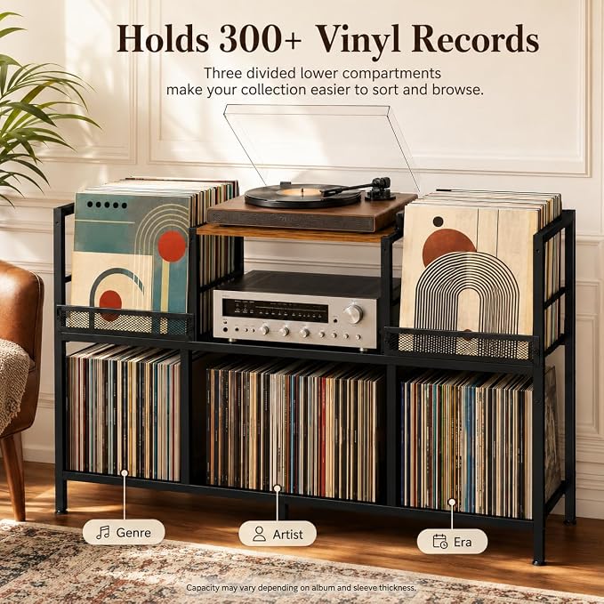 Record Player Stand with Dual Display Bins Storage - Image 3