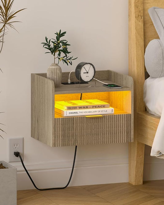 White Floating Nightstand with Charging Station and LED Lights by Unknown