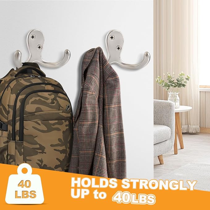 10 Pack Coat Hooks Wall Hooks for Hanging, Heavy Duty Double Prong Metal Hook - Image 3