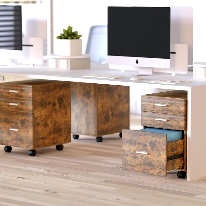 3-Drawer Mobile File Cabinet, Rustic Brown Finish - Image 8