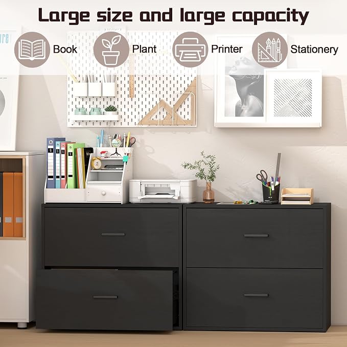 Lateral File Cabinet 2 Drawer, Wood Black File Cabinet - Image 4