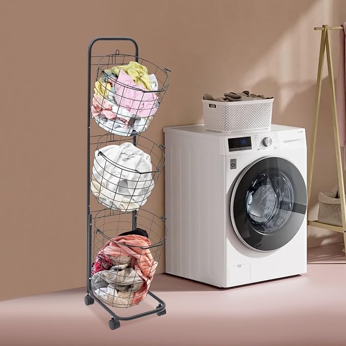 Laundry Basket On Wheels, 3 Tier Wire Laundry Hampers Clothing Sorting Laundry - Image 3
