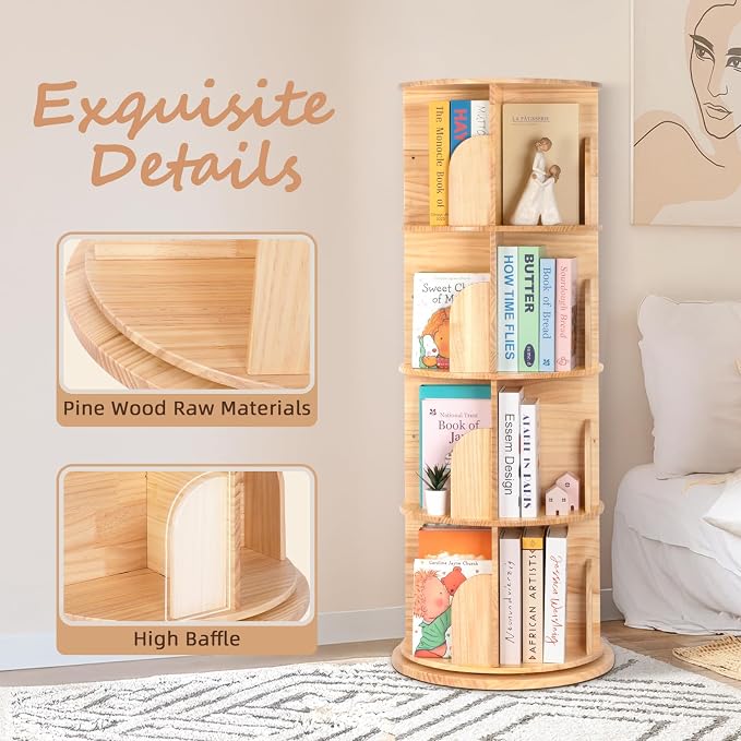 OOOK 4-Tier Solid Wood Rotating Bookshelf, Spinning Bookshelf - Image 5
