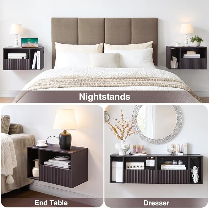 Modern Espresso Fluted Floating Nightstand - Image 4