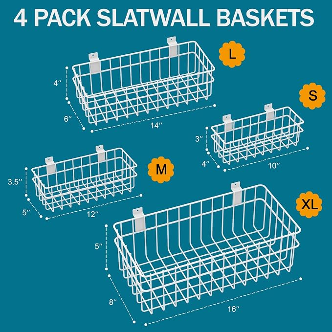4 Pack Large Slatwall Baskets Set, Ventilated Metal Hanging Storage Slat Wall - Image 2