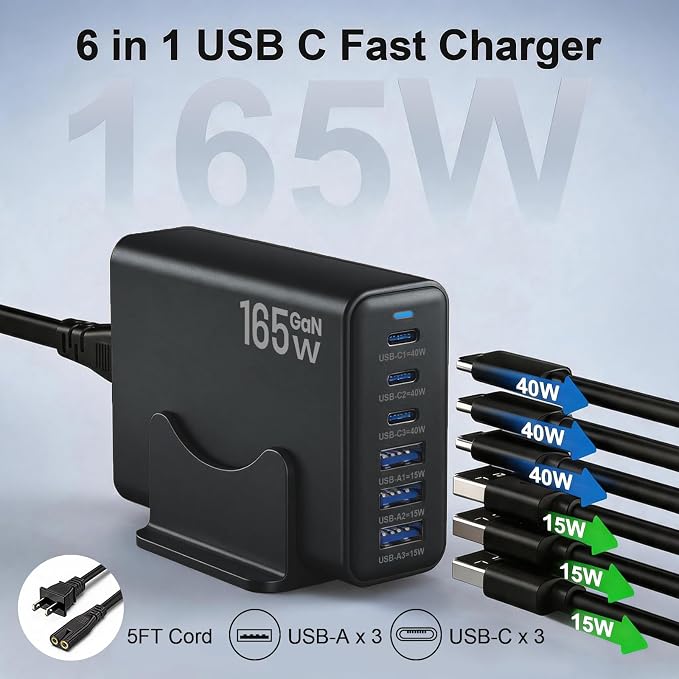 165W GaN USB C Charging Station, 6 Port Desktop Charger - Image 2