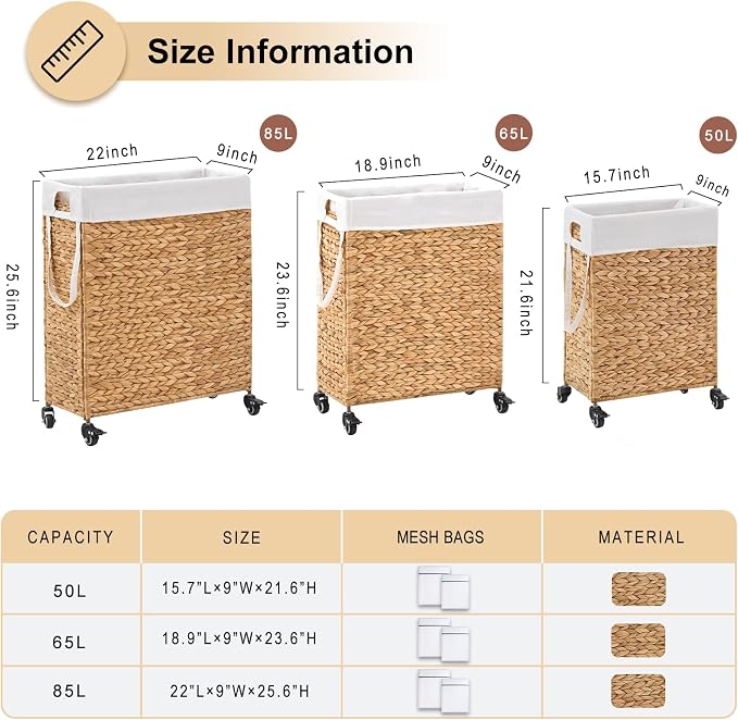Rolling Laundry Hamper with Wheels, Slim Laundry Basket with Removable Liner - Image 2