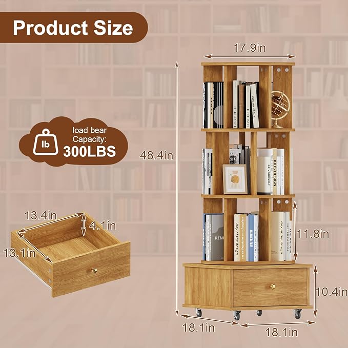 3-Tier Rotating Bookshelf with Drawers on Wheels, 360° Spinning Corner Bookcase - Image 2