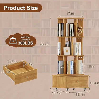 3-Tier Rotating Bookshelf with Drawers on Wheels, 360° Spinning Corner Bookcase - Image 2