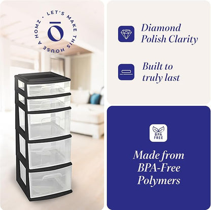 Homz Plastic 5 Clear Drawer Medium Home Organization Storage Container Tower - Image 4