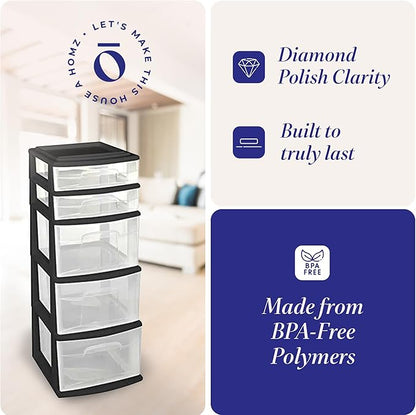 HOMZ 5 Drawer Plastic Storage & Organizer Tower | 3 Large & 2 Small Drawers | - Image 4