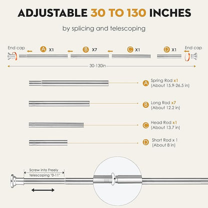 Silver Long Curtain Rod Tension Shower Curtain Rods 30 to 130 inch Adjustable - Image 4