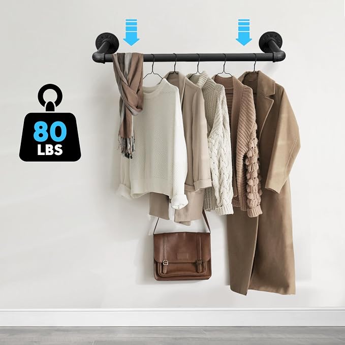 Industrial Pipe Clothes Rack Set of 2, 21” Heavy Duty Wall Mounted Clothing - Image 4